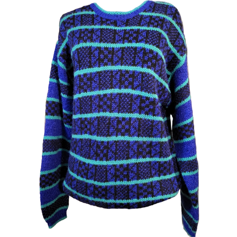 T.Q. Vintage Unisex Acrylic Striped Sweater in Purple, Black & Mint Mens Sz Lg